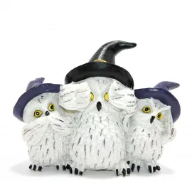 Cadı Şapkalı Üç Bilge Baykuş Figürü: Halloween Temalı Polyester Dekoratif Biblo Ailesi