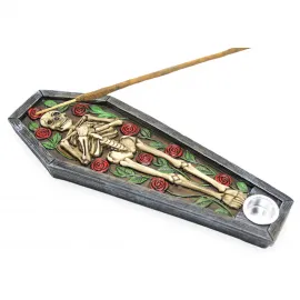 Gotik Güllerle Süslü İskelet Figürlü Polyester Coffin Tütsülük ve Tealight Mumluk