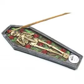 Gotik Güllerle Süslü İskelet Figürlü Polyester Coffin Tütsülük ve Tealight Mumluk