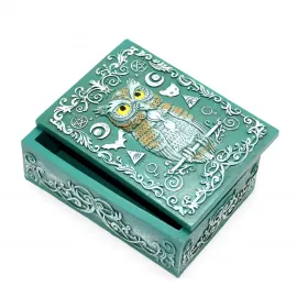 Antik Yeşil Baykuş ve Mistisizm Sembolleri İşlemeli Polyester Dekoratif Kutu
