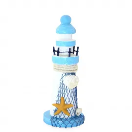 El Yapımı Ahşap Marin Deniz Feneri: Mavi Beyaz Temalı Dekoratif Obje Ev Aksesuarı