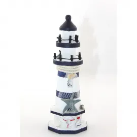 Marin Temalı Ahşap Dekoratif Deniz Feneri Biblo | Beyaz Mavi Ev Objesi