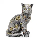 Gümüş Renk Steampunk Mekanik Kedi Figürü: Vintage Dişli ve Saat Detaylı Koleksiyonluk Biblo