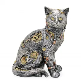 Gümüş Renk Steampunk Mekanik Kedi Figürü: Vintage Dişli ve Saat Detaylı Koleksiyonluk Biblo