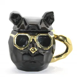 Şık Siyah Gold Geometrik French Bulldog Tasarımlı Kapaklı Porselen Kupa Bardak