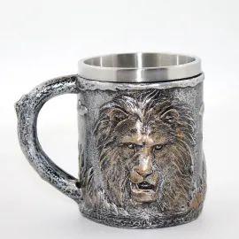 Güçlü Aslan Başı Tasarımlı Paslanmaz Çelik İç Yüzeyli Kupa Bardak | Dekoratif & Şık Hediye Fikri