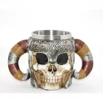 Gotik Viking Temalı Paslanmaz Çelik Kurukafa Kupa Bardak – İki Boynuzlu Şık Tasarım