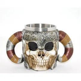 Gotik Viking Temalı Paslanmaz Çelik Kurukafa Kupa Bardak – İki Boynuzlu Şık Tasarım