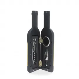 Şık Siyah Şişe Formunda 3 Parça Şarap Keyfi Seti: Tirbuşon, Tıpa ve Kesici