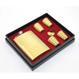 Lüks Gold Paslanmaz Çelik Matara Seti 4 Shot Bardak ve Huni ile Özel Tasarım Hediye