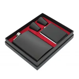 Lüks Mat Siyah Paslanmaz Çelik 9 Oz Matara Seti: 2 Shot Bardağı ve Sigara Tabakalı Seyahat Kiti