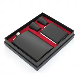 Lüks Mat Siyah Paslanmaz Çelik 9 Oz Matara Seti: 2 Shot Bardağı ve Sigara Tabakalı Seyahat Kiti