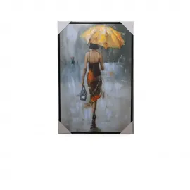 Estetik Duvar Dekoru: Yağlı Boya Sarı Şemsiyeli Kadın Tablosu Modern Sanat Eseri