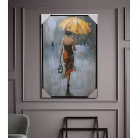 Estetik Duvar Dekoru: Yağlı Boya Sarı Şemsiyeli Kadın Tablosu Modern Sanat Eseri