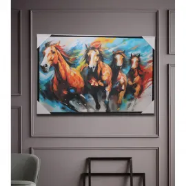 Modern Soyut Koşan Atlar Temalı Duvara Asmalı Yağlı Boya Kanvas Tablo Pano
