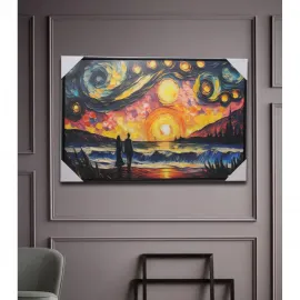 El Yapımı Dokulu Romantik Gün Batımı Deniz ve Çift Temalı Duvara Asmalı Yağlı Boya Pano