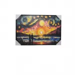 El Yapımı Dokulu Romantik Gün Batımı Deniz ve Çift Temalı Duvara Asmalı Yağlı Boya Pano