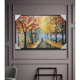 El Yapımı Canlı Sonbahar Yolu Manzaralı Yağlı Boya Duvar Tablosu 90x60 cm