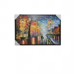 El Yapımı Palet Bıçağı Tekniği Yağmurlu Şehir Manzarası Duvara Asmalı Yağlı Boya Pano 90x60 cm