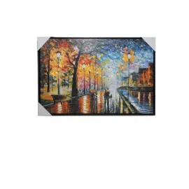 El Yapımı Palet Bıçağı Tekniği Yağmurlu Şehir Manzarası Duvara Asmalı Yağlı Boya Pano 90x60 cm