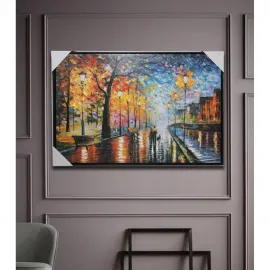 El Yapımı Palet Bıçağı Tekniği Yağmurlu Şehir Manzarası Duvara Asmalı Yağlı Boya Pano 90x60 cm