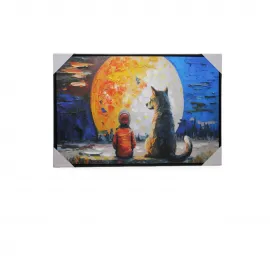 Ay Işığı Altında Çocuk ve Köpek Temalı El Yapımı Yağlı Boya Pano - Modern Duvar Sanatı