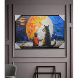 Ay Işığı Altında Çocuk ve Köpek Temalı El Yapımı Yağlı Boya Pano - Modern Duvar Sanatı