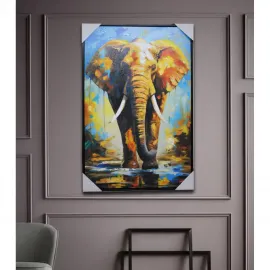 Görkemli Fil Figürlü El Boyaması Yağlı Boya Duvar Panosu 90x60 cm - Modern Dekorasyon Alk2925