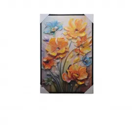 3D Kabartmalı Yağlı Boya Çiçekler Kanvas Duvar Panosu 90x60 cm - Canlı Renkler