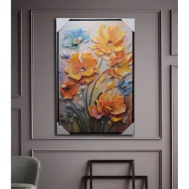 3D Kabartmalı Yağlı Boya Çiçekler Kanvas Duvar Panosu 90x60 cm - Canlı Renkler