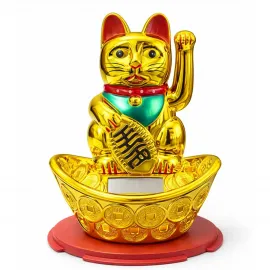 Parlak Altın Rengi Solar Enerjili Maneki Neko Şans Kedisi Biblo – Dekoratif Pati Sallayan Figür