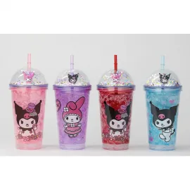 Sanrio Kuromi Temalı Pipetli Boncuklu Işıklı Suluk & Bardak 400 ML - Şık ve Eğlenceli
