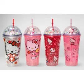 Sevimli Hello Kitty Figürlü Pipetli Işıklı Glitter Boncuklu Suluk ve Bardak – 400 ml