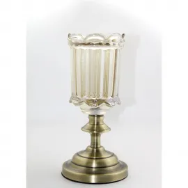 Eskitme Pirinç Görünümlü Kaideli Tekli Dekoratif Cam Şamdan Mumluk - Şık Ev Dekoru