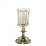 Eskitme Pirinç Görünümlü Kaideli Tekli Dekoratif Cam Şamdan Mumluk - Şık Ev Dekoru