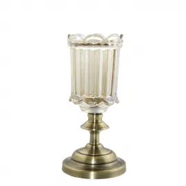 Eskitme Pirinç Görünümlü Kaideli Tekli Dekoratif Cam Şamdan Mumluk - Şık Ev Dekoru