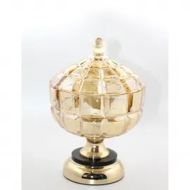 Ayaklı Altın Rengi Kapaklı Şık Desenli Cam Şekerlik Dekoratif Ev Aksesuarı
