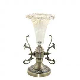 Antik Görünümlü Pirinç Ayaklı Flüt Cam Şamdan Mumluk Tekli Dekoratif Obje 32x16 Cm