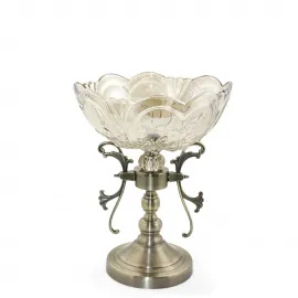 Ayaklı Eskitme Bronz Detaylı Dekoratif Cam Kase Şekerlik – Modern Sunum ve Servis Tabağı