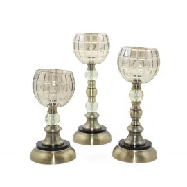 Antik Bronz Ayaklı Kare Desenli Cam Şamdan: Ev Dekorasyonunuza Farklı Boyut Seçenekleriyle Işıltı Katın