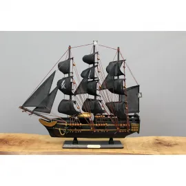 El Yapımı Ahşap Korsan Gemisi Maketi: Detaylı Siyah Yelkenli Deniz Dekorasyonu Biblo