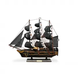 El Yapımı Ahşap Korsan Gemisi Maketi: Detaylı Siyah Yelkenli Deniz Dekorasyonu Biblo