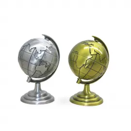 Antik Görünümlü Metal Dünya Küre Seti: Gümüş ve Altın Renkleri ile Şık Dekorasyon