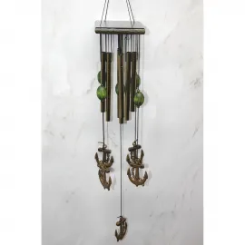 Deniz Temalı Antik Metal Rüzgar Çanı - Yeşil Boncuklar ve Çapa Figürlü Bahçe Balkon Dekorasyonu