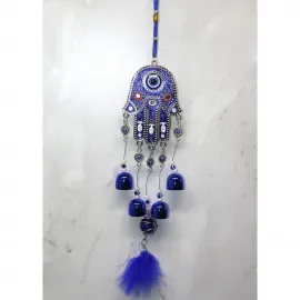 Mavi Metal Hamsa Fatma Ana Eli Nazar Boncuğu Çanlı Duvar Süsü Dekoratif Ev Hediyesi