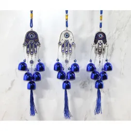 Fatma'nın Eli Nazar Boncuğu Temalı Metal Mavi Dekoratif Çan - Rüzgar Çanı Ev Aksesuarı