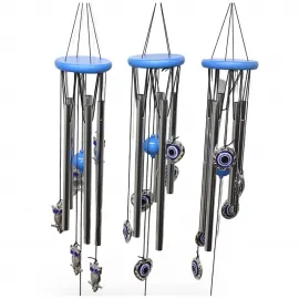 Şık ve Melodik Mavi Ahşap Başlıklı Metal Rüzgar Çanı: Nazar Boncuğu & Baykuş Detaylı 72 cm
