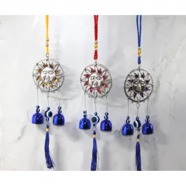 El Yapımı Metal Güneş Yüzlü Nazar Boncuklu Dekoratif Çan Askısı - Şans Getiren Ev Süsü
