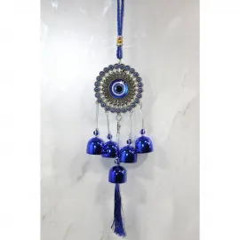 Göz Alıcı Metal Nazar Boncuğu Çan Duvar Süsü – Mavi Dekoratif Uğur Objesi 41 cm