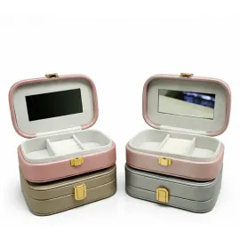 Kompakt Çok Katlı Aynalı Takı ve Makyaj Organizeri Zarif Deri Görünümlü Saklama Kutusu